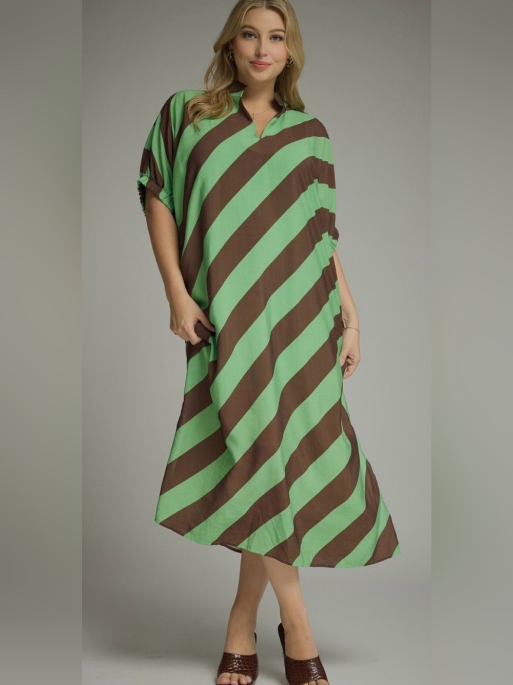 New!Entro Boutique Green & Brown Pocket Diagonal Stripe Midi Dress Size XLarge